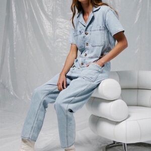 pistola Light Wash Denim Short Sleeve Jumpsuit